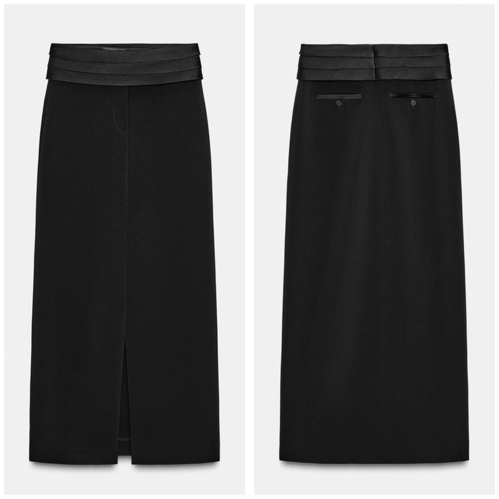 Zara Tuxedo Pencil Skirt Medium Black Satin Cumber-bun Cocktail Office Siren